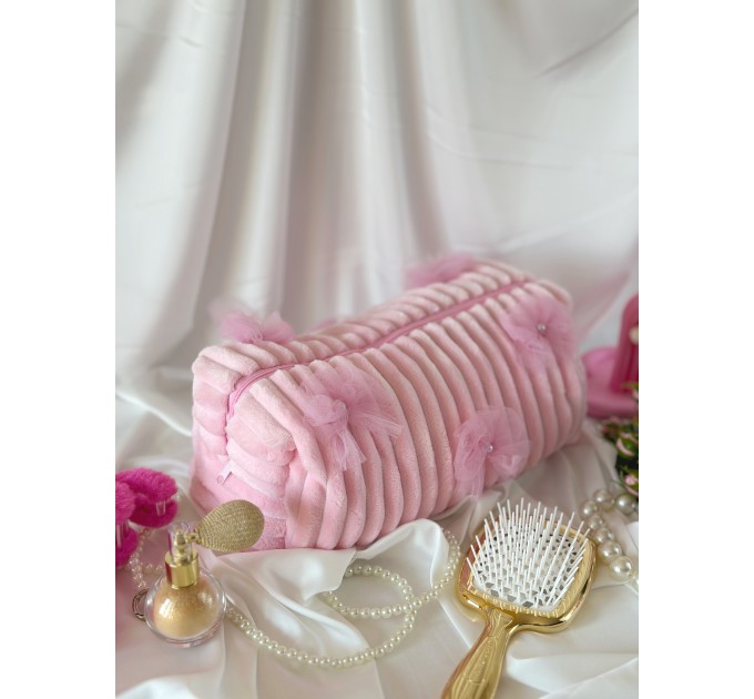 Large pink plush cosmetic bag with bows
