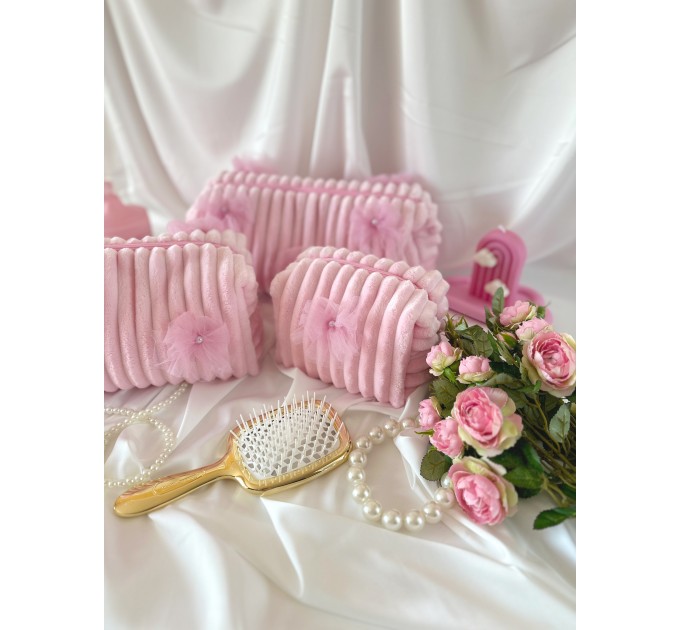 Large pink plush cosmetic bag with bows