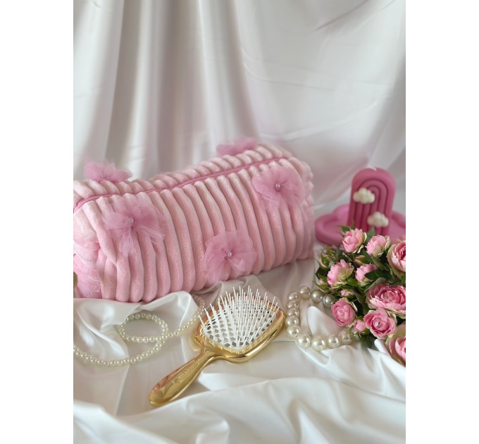 Large pink plush cosmetic bag with bows