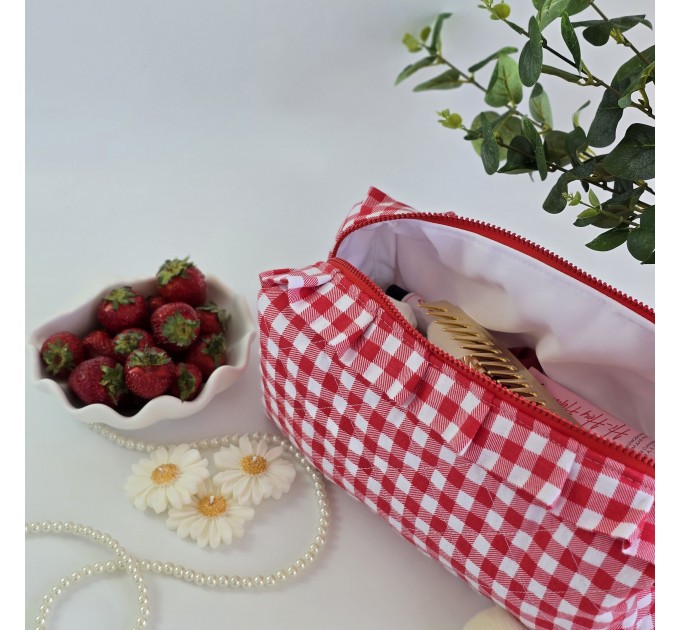 Large red gingham cosmetic bag with ruffles