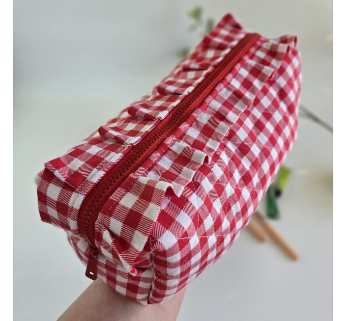Large red gingham cosmetic bag with ruffles