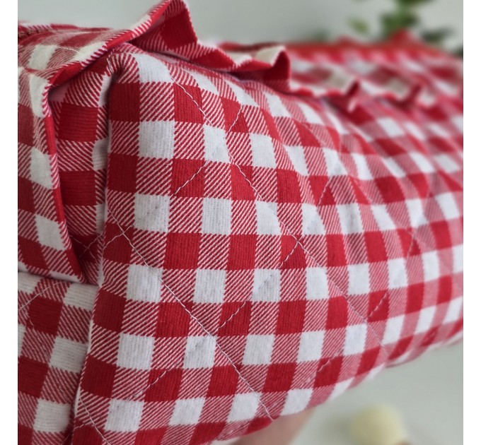 Large red gingham cosmetic bag with ruffles