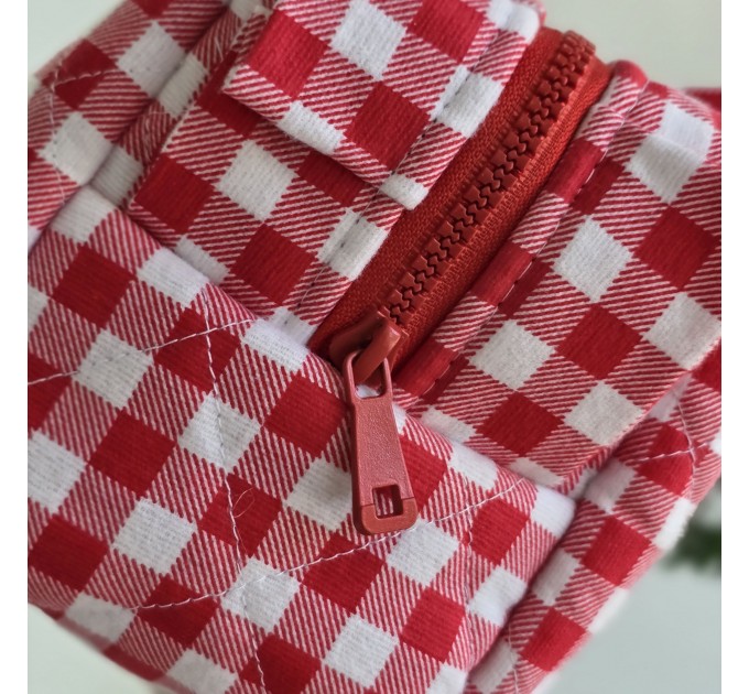 Large red gingham cosmetic bag with ruffles