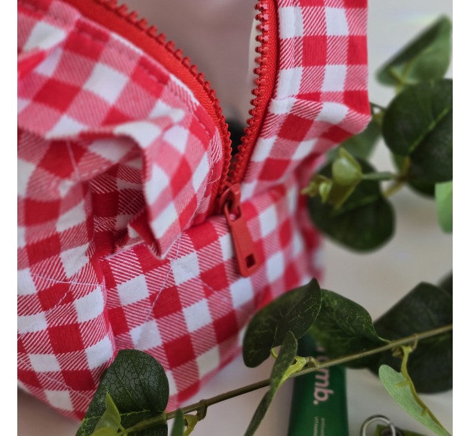Large red gingham cosmetic bag with ruffles