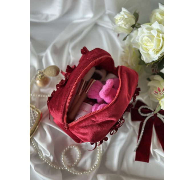 Large red velvet cosmetic bag with bows