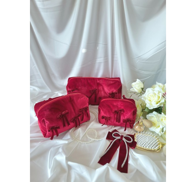Large red velvet cosmetic bag with bows