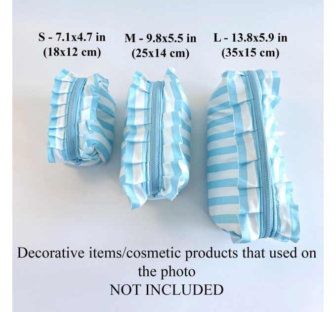 Large sky-blue striped cosmetic bag with ruffles