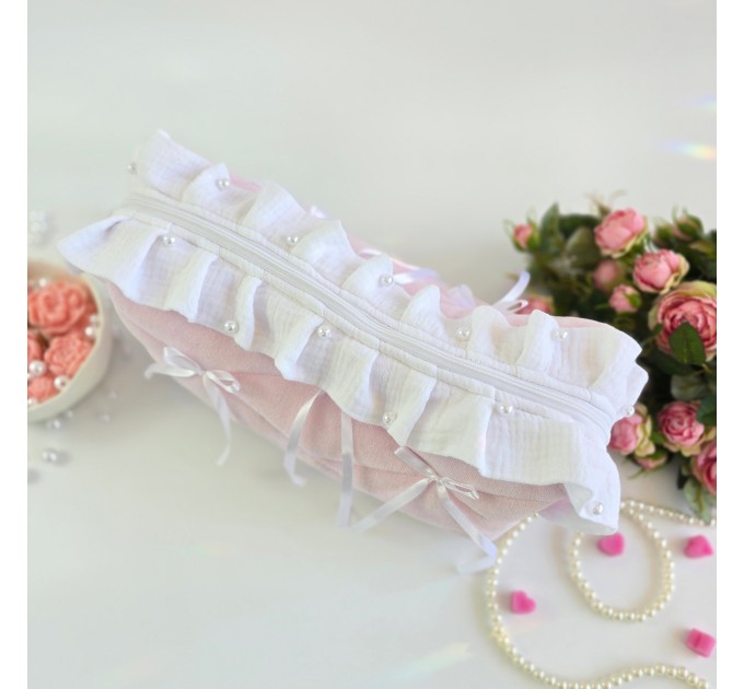 Large soft pink cosmetic bag with ruffles, bows and pearl-like beads