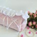 Large soft pink cosmetic bag with ruffles, bows and pearl-like beads