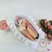 Large soft pink cosmetic bag with ruffles, bows and pearl-like beads