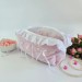 Large soft pink cosmetic bag with ruffles, bows and pearl-like beads