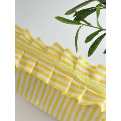Large yellow striped ruffle cosmetic bag