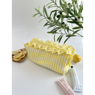 Large yellow striped ruffle cosmetic bag