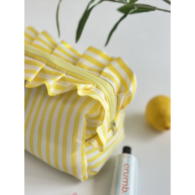 Large yellow striped ruffle cosmetic bag