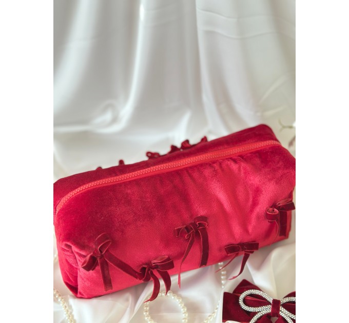 Large red velvet cosmetic bag with bows