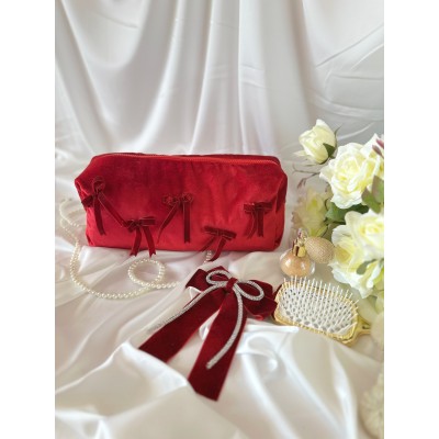 Large red velvet cosmetic bag with bows