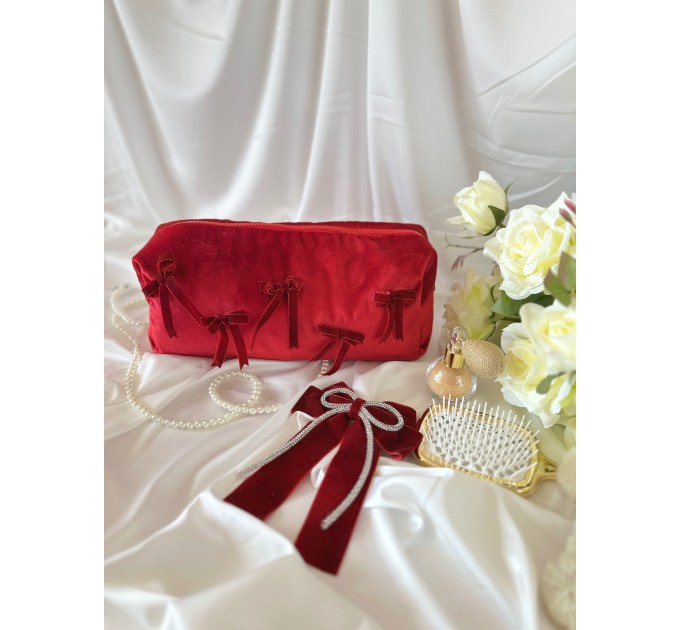 Large red velvet cosmetic bag with bows