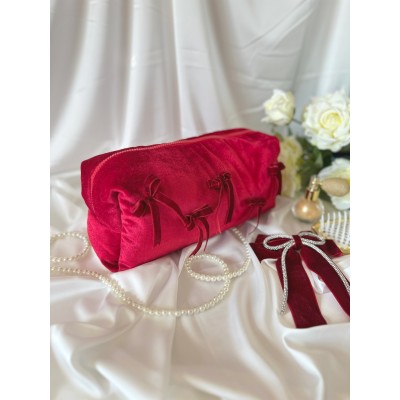 Large red velvet cosmetic bag with bows