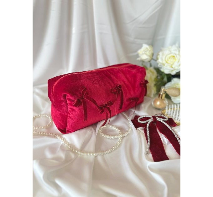 Large red velvet cosmetic bag with bows