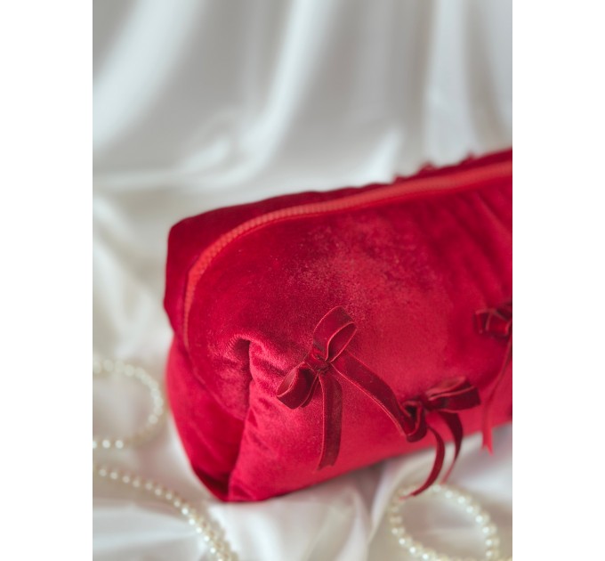 Large red velvet cosmetic bag with bows