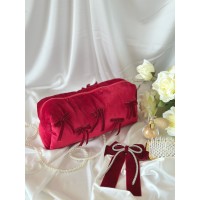 Large red velvet cosmetic bag with bows