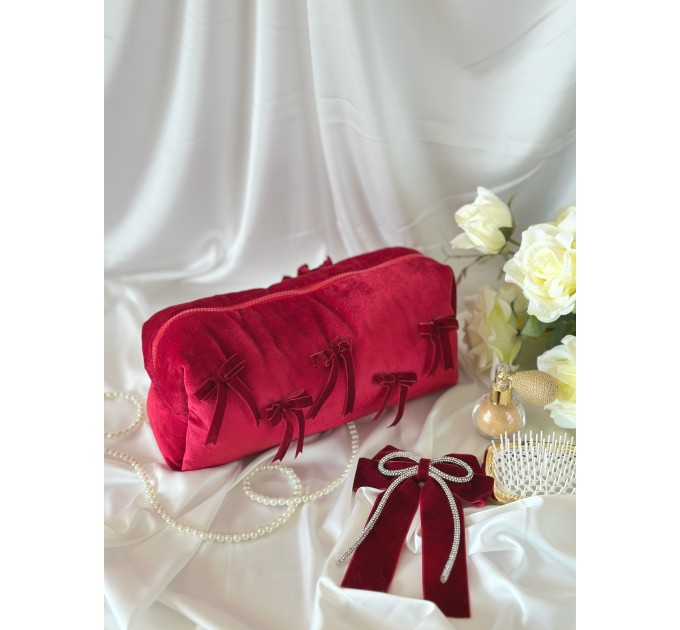 Large red velvet cosmetic bag with bows