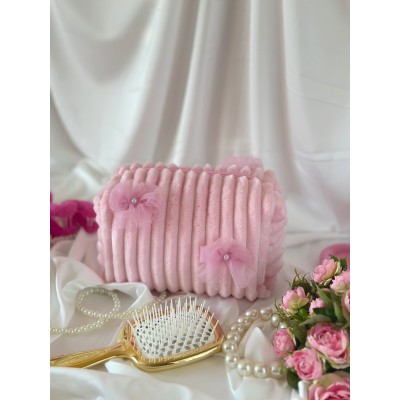 Medium pink plush cosmetic bag with bows