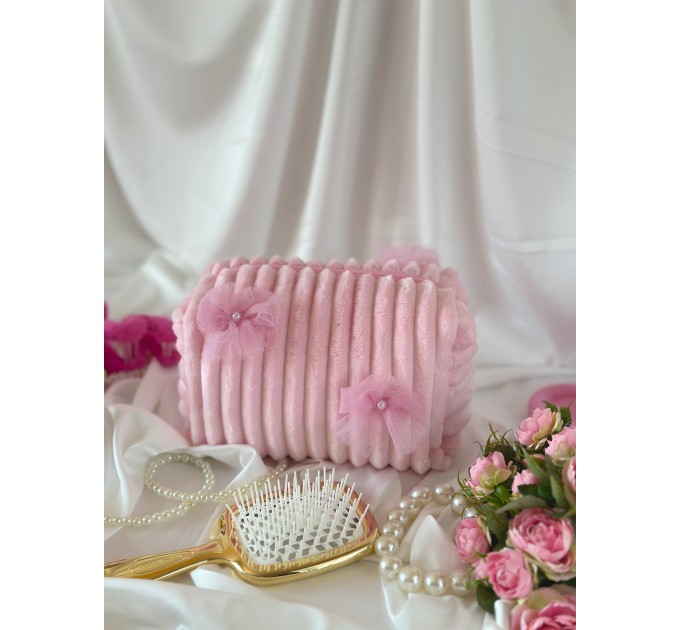 Medium pink plush cosmetic bag with bows