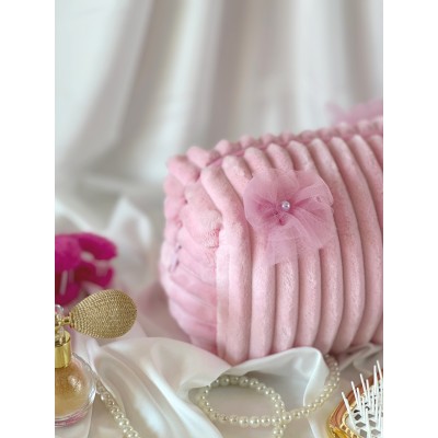 Medium pink plush cosmetic bag with bows