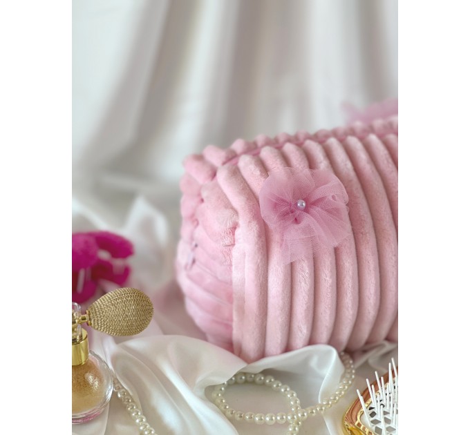 Medium pink plush cosmetic bag with bows