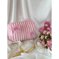 Medium pink plush cosmetic bag with bows