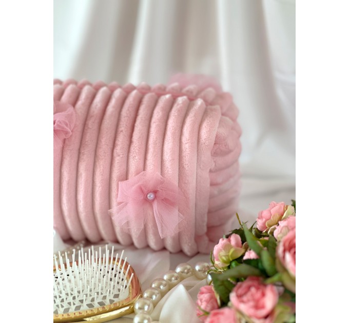 Medium pink plush cosmetic bag with bows