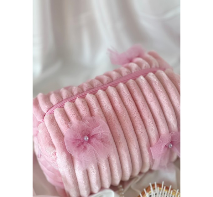 Medium pink plush cosmetic bag with bows