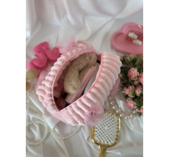 Medium pink plush cosmetic bag with bows
