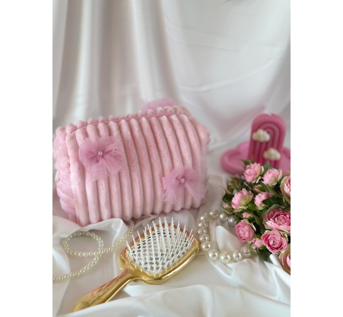 Medium pink plush cosmetic bag with bows