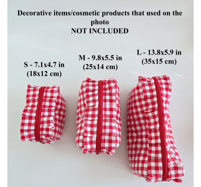 Medium red gingham cosmetic bag with ruffles