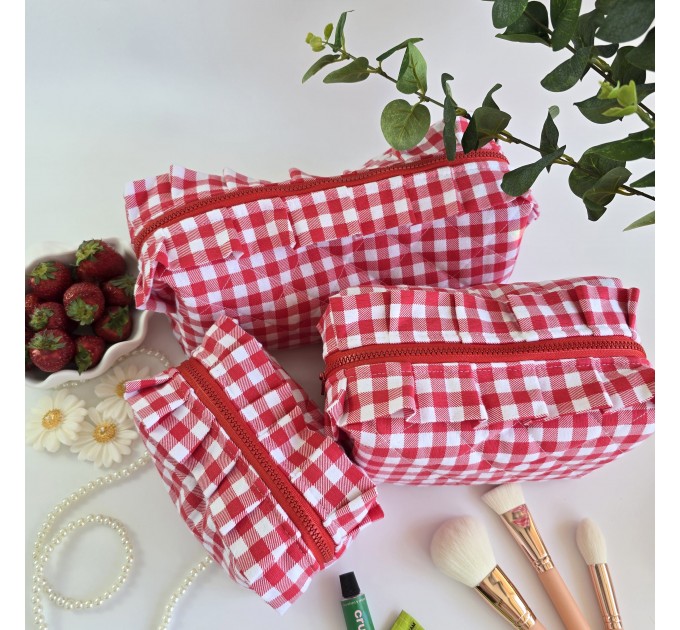 Medium red gingham cosmetic bag with ruffles