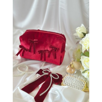 Medium red velvet cosmetic bag with bows