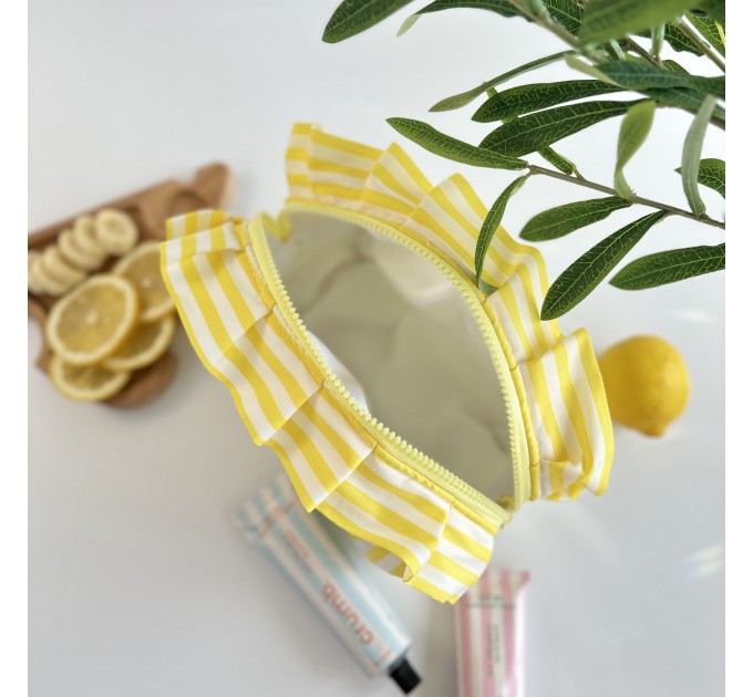 Medium yellow striped cosmetic bag with ruffles
