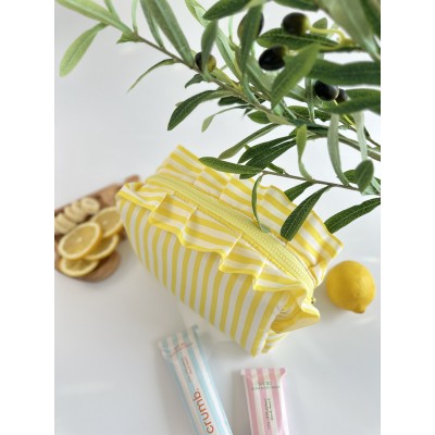 Medium yellow striped ruffle cosmetic bag