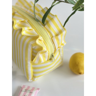 Medium yellow striped ruffle cosmetic bag