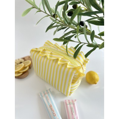 Medium yellow striped ruffle cosmetic bag