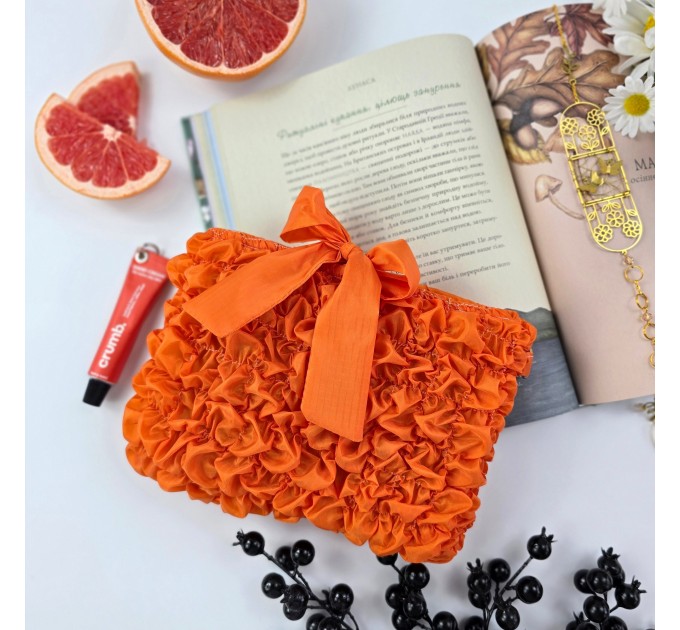 Grapefruit Orange Book Sleeve with ruffles on ties 
