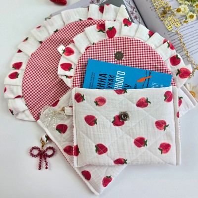 Strawberry book sleeve with ruffles and magnetic closure