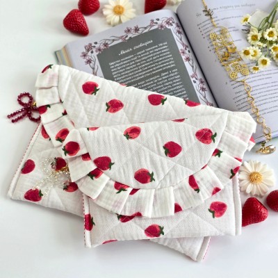 Strawberry book sleeve with ruffles and magnetic closure