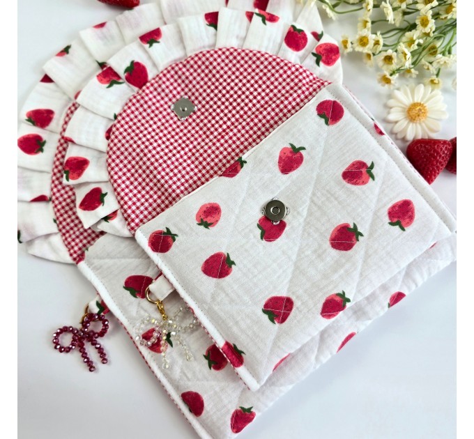 Strawberry book sleeve with ruffles and magnetic closure