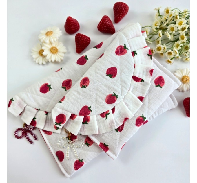 Strawberry book sleeve with ruffles and magnetic closure
