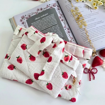 Strawberry book sleeve with ruffles on ties  on ties