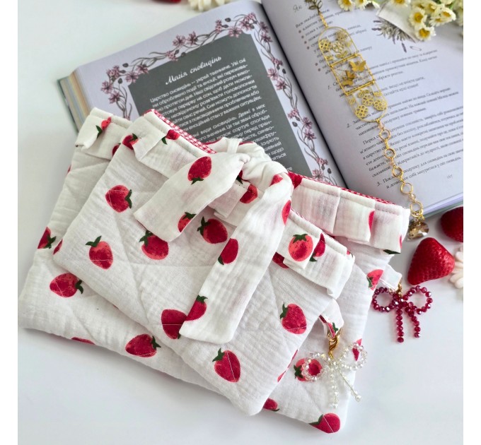 Strawberry book sleeve with ruffles on ties 