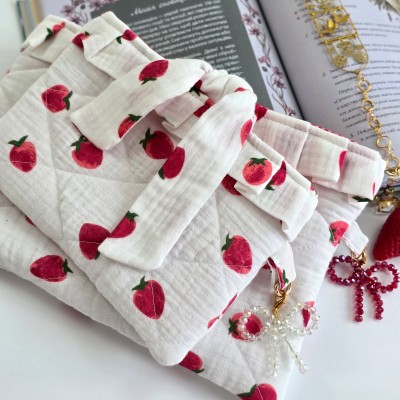Strawberry book sleeve with ruffles on ties  on ties